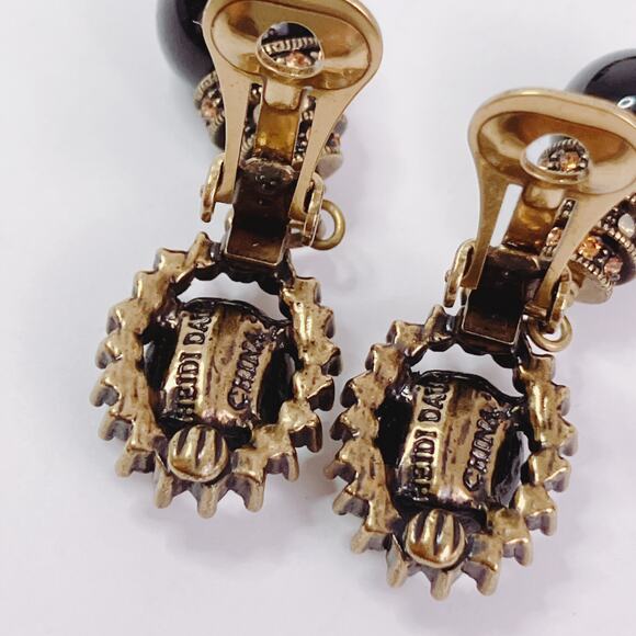 VTG Signed Heidi Daus Rhinestone Black Bead Faux Pearl Gold Clip Dangle Earrings - Picture 8 of 11